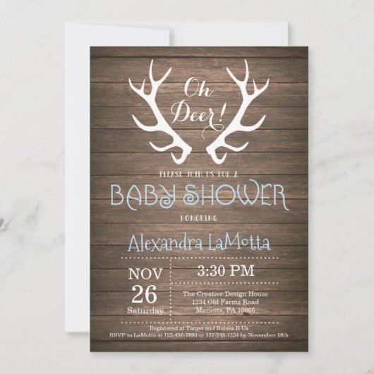 Rustic Deer Antler Baby shower Invitation Bleu (Devant)