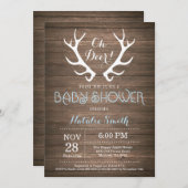Rustic Deer Antler Baby shower Invitation Bleu (Devant / Derrière)