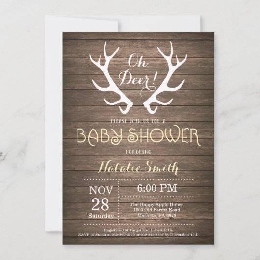 Rustic Deer Antler Baby shower Invitation Yellow Kaart (Voorkant)