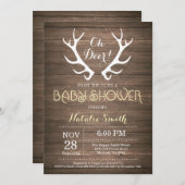 Rustic Deer Antler Baby shower Invitation Yellow Kaart (Voorkant / Achterkant)
