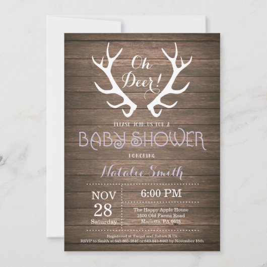 Rustic Deer Antler Baby shower Uitnodiging Paars (Voorkant)