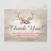 Rustic Deer Antler Bohemian Floral Wood Dank je Briefkaart (Voorkant)