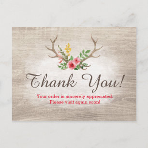 Rustic Deer Antler Bohemian Floral Wood Dank je Briefkaart