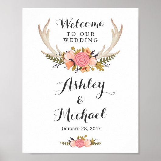 Rustic Deer Antler Floral Wedding Reception Sign Poster (Voorkant)