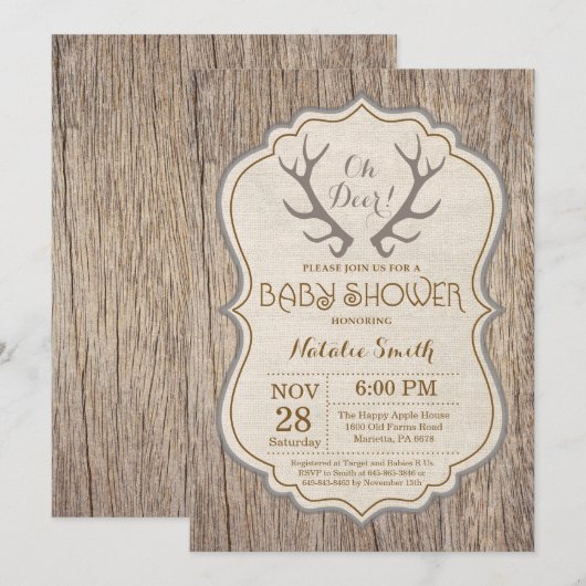 Rustic Deer Antler Oh Deer Invitation Baby shower (Devant / Derrière)