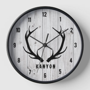 Rustic Deer Antler White Plank Cabin Clock