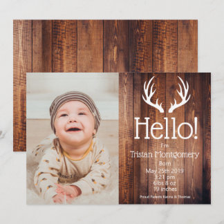 Rustic Deer Antlers Barn Wood Geboorteaankondiging Kaart