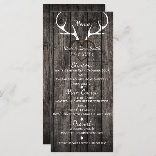 Rustic Deer Antlers & Carved Heart Menu Mariage (Devant / Derrière)