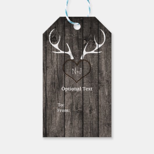 Rustic Deer Antlers & Carved Heart Wedding Cadeaulabel (Voorkant)