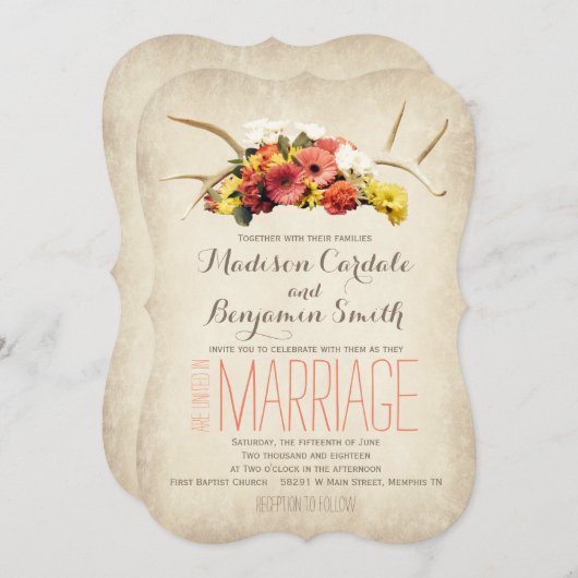 Rustic Deer Antlers Daisy Wedding Invitations (Devant / Derrière)