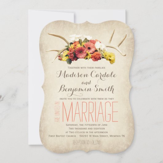 Rustic Deer Antlers Daisy Wedding Invitations (Devant)