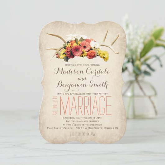 Rustic Deer Antlers Daisy Wedding Invitations (Debout devant)