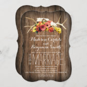 Rustic Deer Antlers Daisy Wood Wedding Invitations (Devant / Derrière)