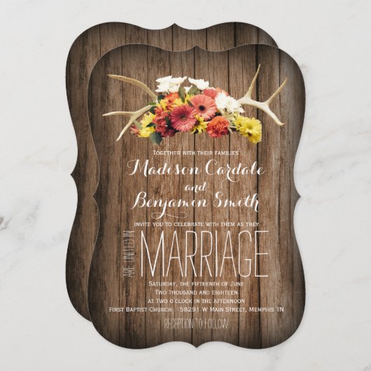 Rustic Deer Antlers Daisy Wood Wedding Invitations (Devant / Derrière)
