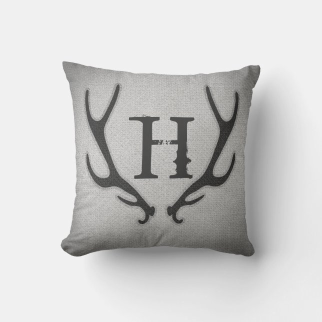 Rustic Deer Antlers Grey Faux Burlap Textuur Kussen (Voorkant)