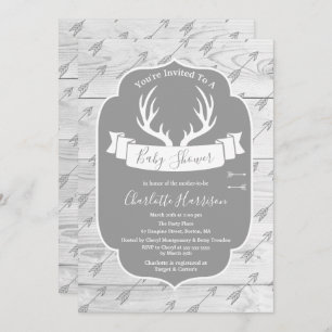 Rustic Deer Antlers Grey & White Wood Baby shower Kaart
