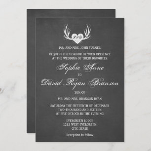 Rustic Deer Antlers & Heart Chalk Wedding Invite Kaart
