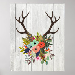 Rustic Deer Antlers met bloemen Poster