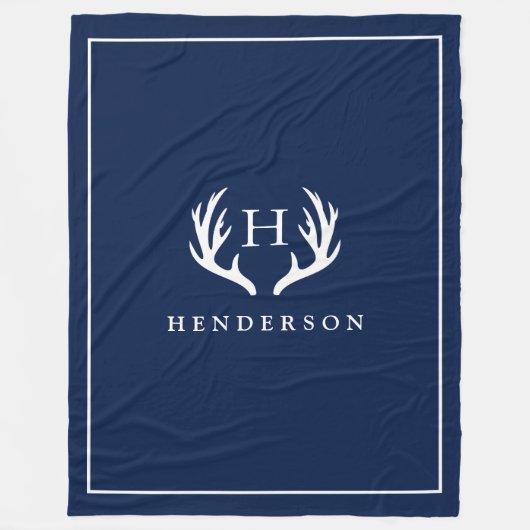 Rustic Deer Antlers Monogram Navy Fleece Deken (Voorkant)