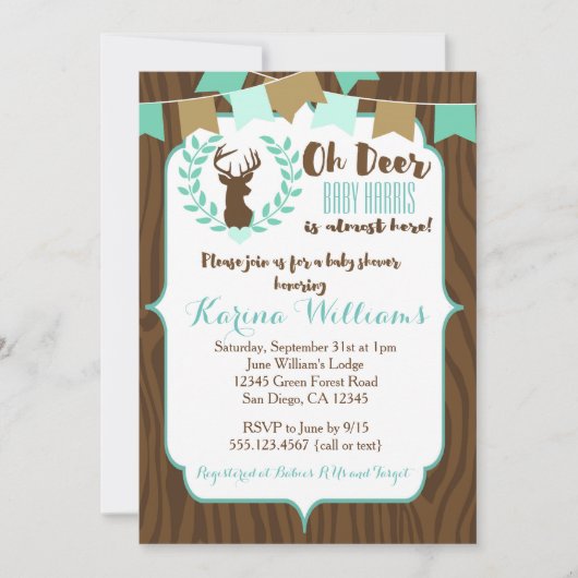 Rustic Deer Baby shower Invitation, Deer Invitate Kaart (Voorkant)