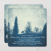 Rustic Deer Blue Country Trees Wedding Invitations Kaart (Voorkant / Achterkant)