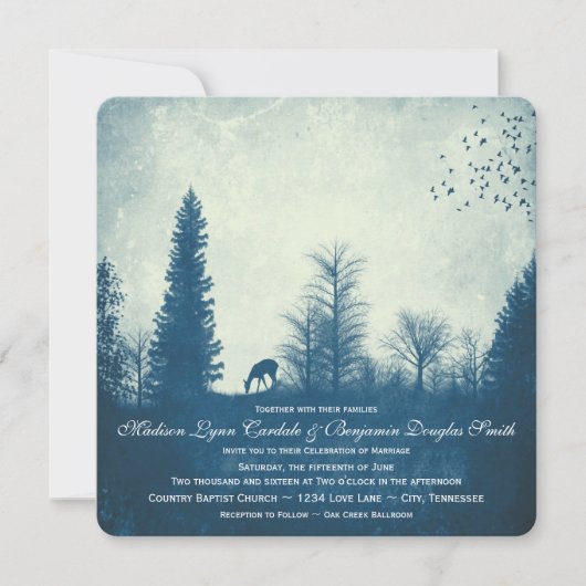 Rustic Deer Blue Country Trees Wedding Invitations Kaart (Voorkant)