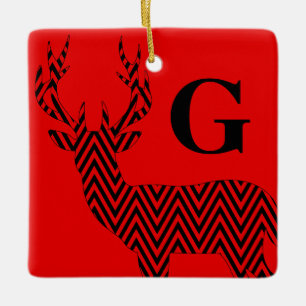 Rustic Deer Chevron Monogram   rood zwart Keramisch Ornament