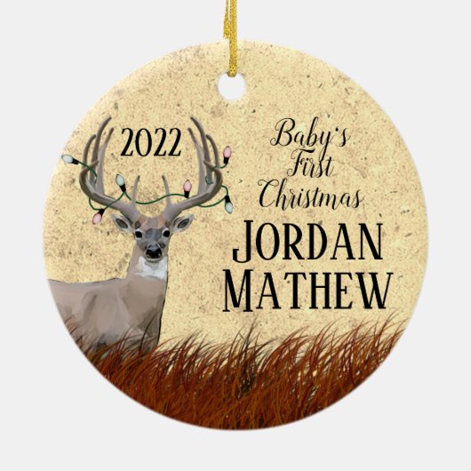 Rustic Deer Eerste Kerstmis Keramisch Ornament (Achterkant)
