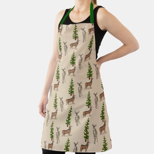 Rustic Deer en Evergreen Tree Print-alles-over Schort (Insitu)
