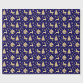 Rustic Deer Gold-kerstpatroon op blauw Cadeaupapier (Vlak)