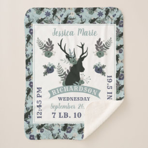Rustic Deer Head Blue Baby Girl Birth Record Stats Sherpa Deken