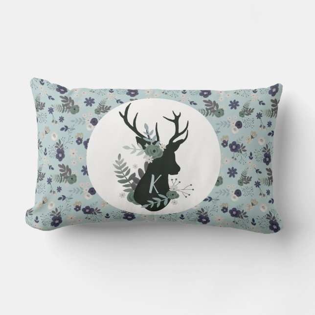 Rustic Deer Head Blue Floral Monogram Initiaal Kussen (Voorkant)
