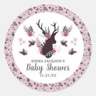 Rustic Deer Head Mauve Floral Girl Baby shower Ronde Sticker