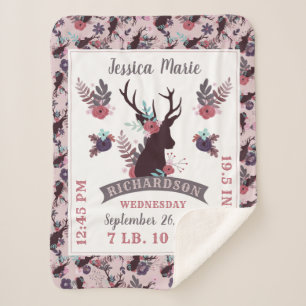 Rustic Deer Head New Baby Girl Birth Record Stats Sherpa Deken