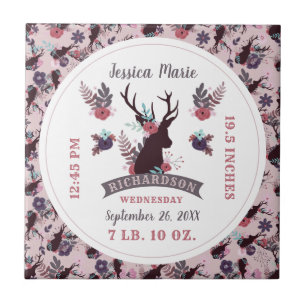 Rustic Deer Head New Baby Girl Birth Record Stats Tegeltje