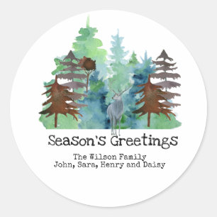 Rustic Deer Pine Tree Outdoor Seasons Greetings Ronde Sticker