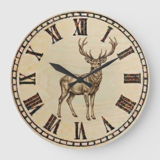 Rustic Deer Wall Clock – Woodland Wildlife Art Grote Klok (Voorkant)