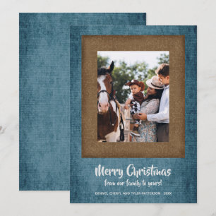 Rustic Denim en Brown Damask-kerstfoto Feestdagenkaart
