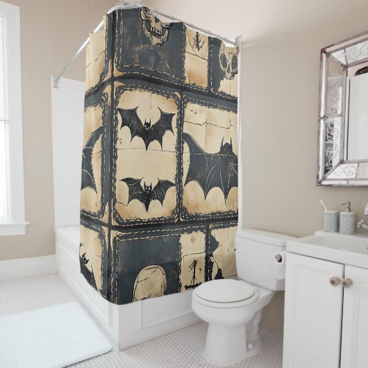 Rustic Denim Halloween Patchwork Pattern Douchegordijn (In situ)