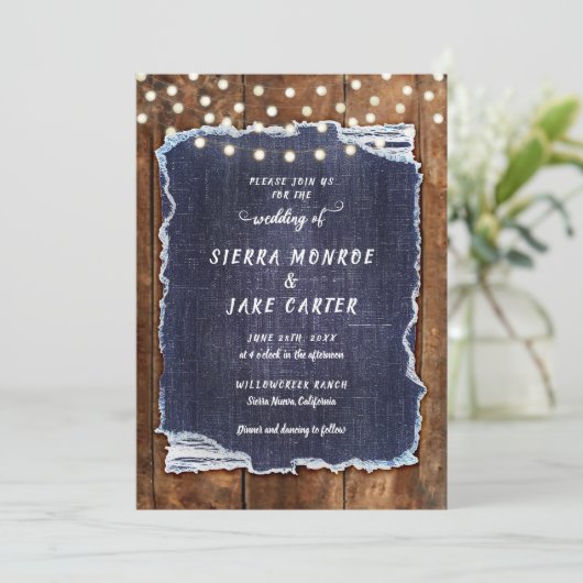 Rustic Denim Lights Country Cowboy RSVP Wedding Kaart (Staand voorkant)