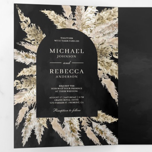 Rustic Dried Boho Pampas Grass Black Arch Wedding Drieluik Uitnodiging (Binnenzijde eerst)