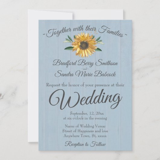Rustic Dusty Blue Barn Wood, Sunflower Wedding Inv Kaart (Voorkant)