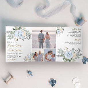 Rustic Dusty Blue en Ivory Floral Wedding Drieluik Uitnodiging