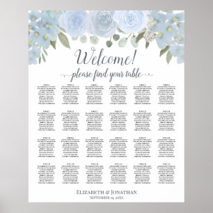 Rustic Dusty Blue Floral 24 Tabel Seating Chart Poster