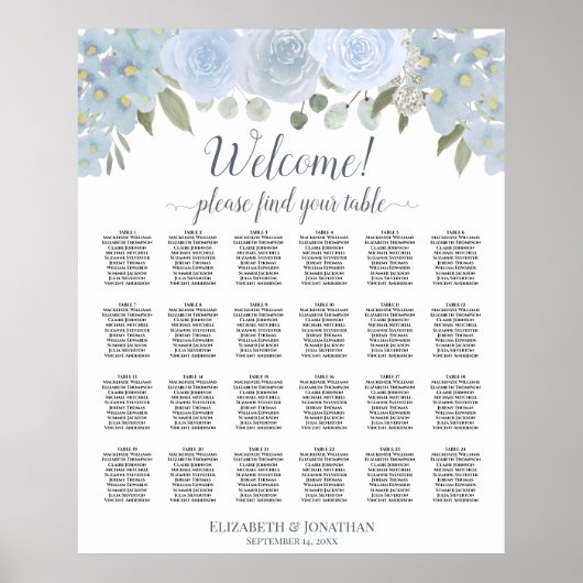 Rustic Dusty Blue Floral 24 Tabel Seating Chart Poster (Voorkant)