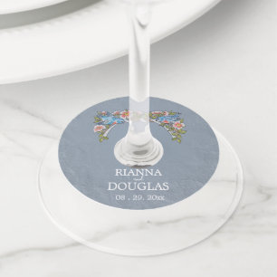 Rustic Dusty Blue Floral Bird Wedding Wijnglaslabel