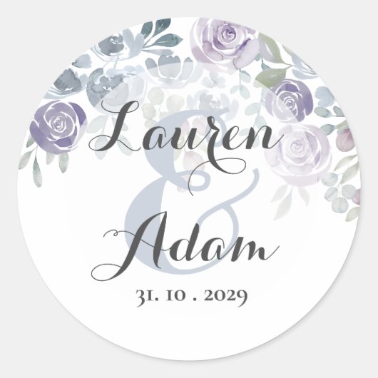 Rustic Dusty Blue Floral Waterverf Wedding Ronde Sticker (Voorkant)