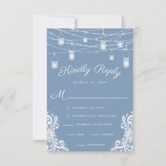Rustic Dusty Blue Lights Wedding RSVP Kaart (Voorkant)