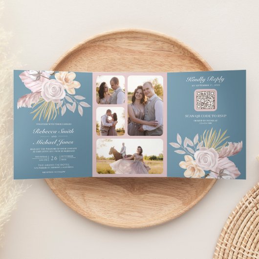 Rustic Dusty Blue Roos Pink Floral QR Code Weddens Drieluik Uitnodiging