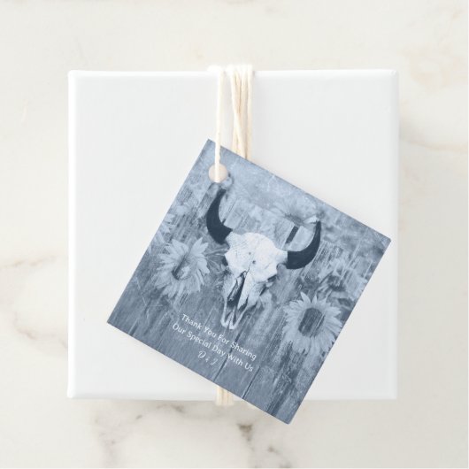 Rustic Dusty Blue Sunflower Bull Skull Bedankjes Labels (In situ)